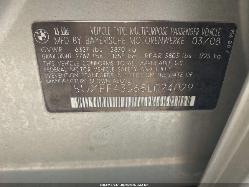 2008 BMW X5 3.0Si VIN: 5UXFE43568L024029 Lot: 42107247