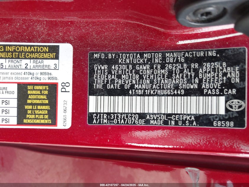 2017 TOYOTA CAMRY VIN: 4T1BF1FK7HU665449
