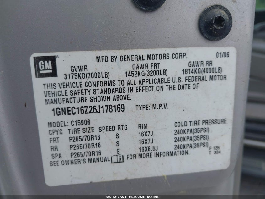 2006 CHEVROLET SUBURBAN VIN: 1GNEC16Z26J178169