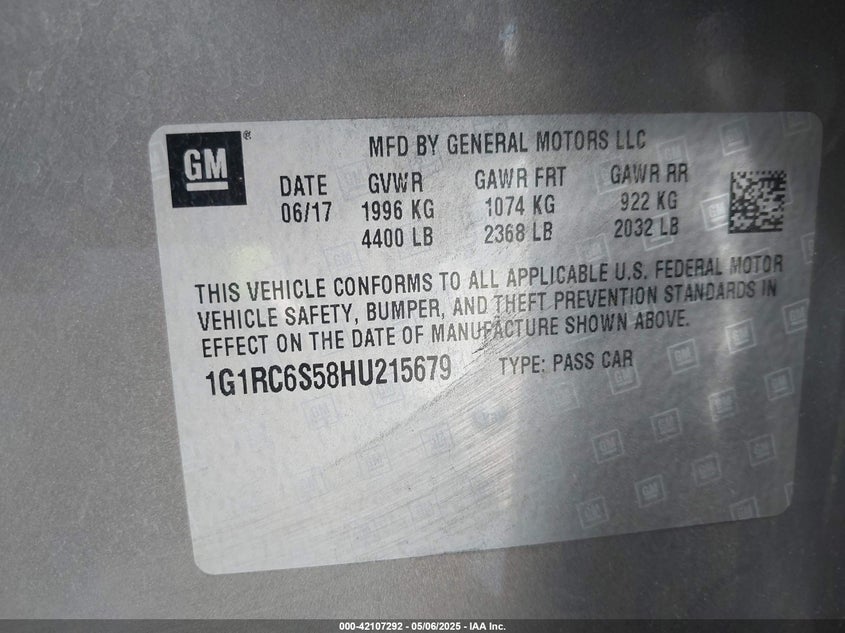 2017 CHEVROLET VOLT VIN: 1G1RC6S58HU215679