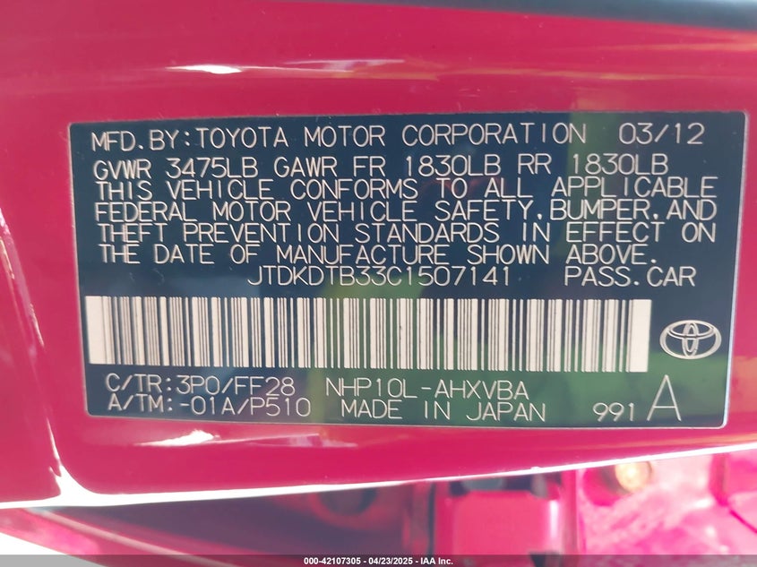 2012 TOYOTA PRIUS C VIN: JTDKDTB33C1507141