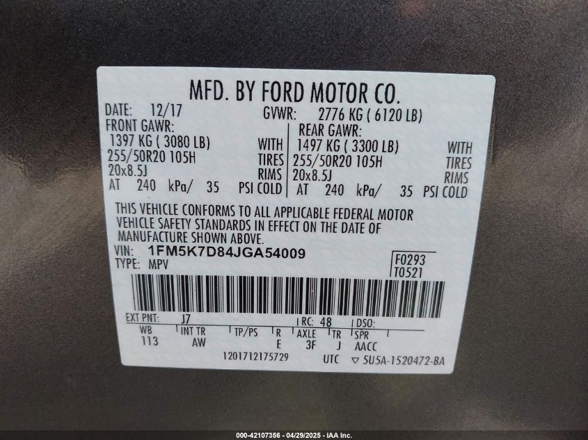 2018 Ford Explorer Xlt VIN: 1FM5K7D84JGA54009 Lot: 42107356