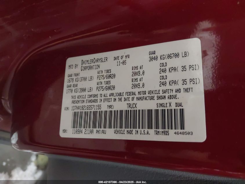 2006 Dodge Ram 1500 Slt VIN: 1D7HA18216S571155 Lot: 42107366