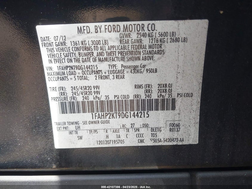 2013 FORD TAURUS VIN: 1FAHP2KT9DG144215
