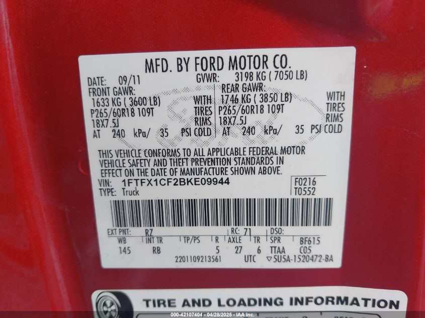 2011 Ford F-150 Fx2 VIN: 1FTFX1CF2BKE09944 Lot: 42107404
