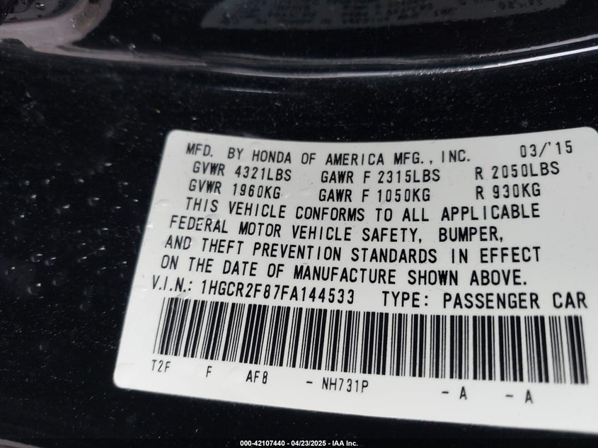 2015 HONDA ACCORD VIN: 1HGCR2F87FA144533