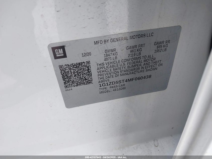 2021 CHEVROLET MALIBU VIN: 1G1ZD5ST4MF060438
