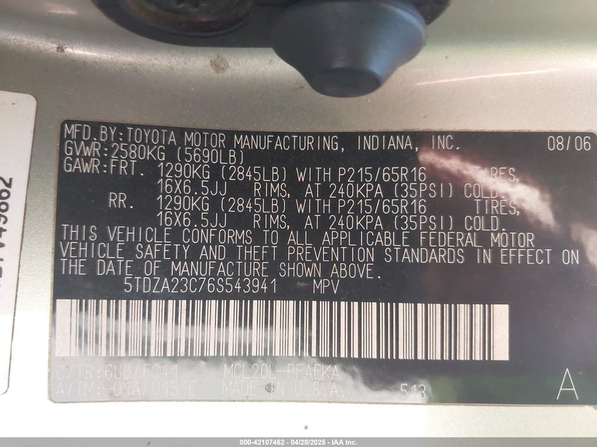 2006 TOYOTA SIENNA VIN: 5TDZA23C76S543941