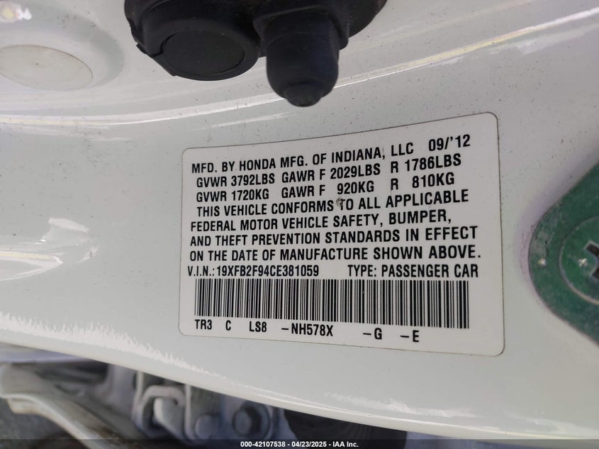 2012 HONDA CIVIC VIN: 19XFB2F94CE381059