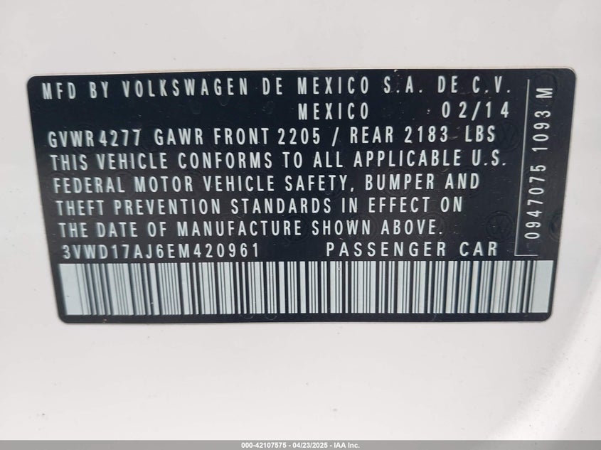 2014 VOLKSWAGEN JETTA VIN: 3VWD17AJ6EM420961
