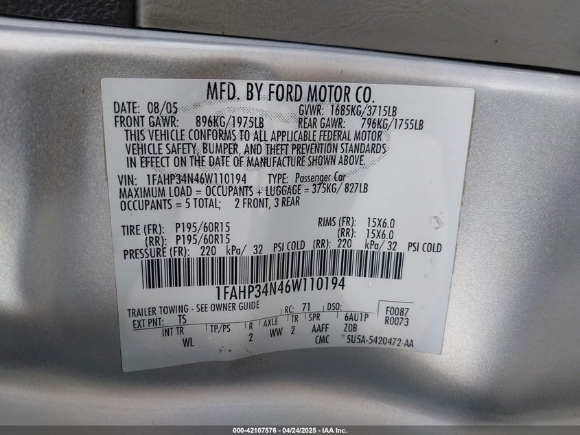 2006 FORD FOCUS VIN: 1FAHP34N46W110194