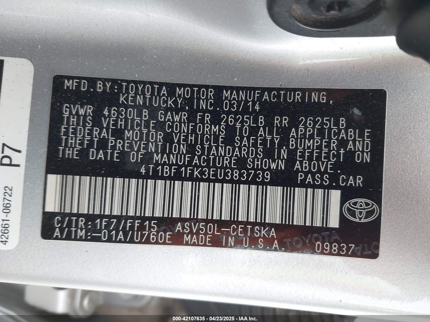 2014 TOYOTA CAMRY VIN: 4T1BF1FK3EU383739