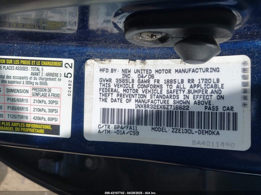 2006 TOYOTA COROLLA VIN: 1NXBR32EX6Z716622