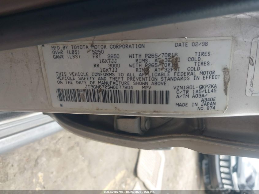 1998 Toyota 4Runner Sr5 V6 Limited VIN: JT3GN87R5W0077804 Lot: 42107796