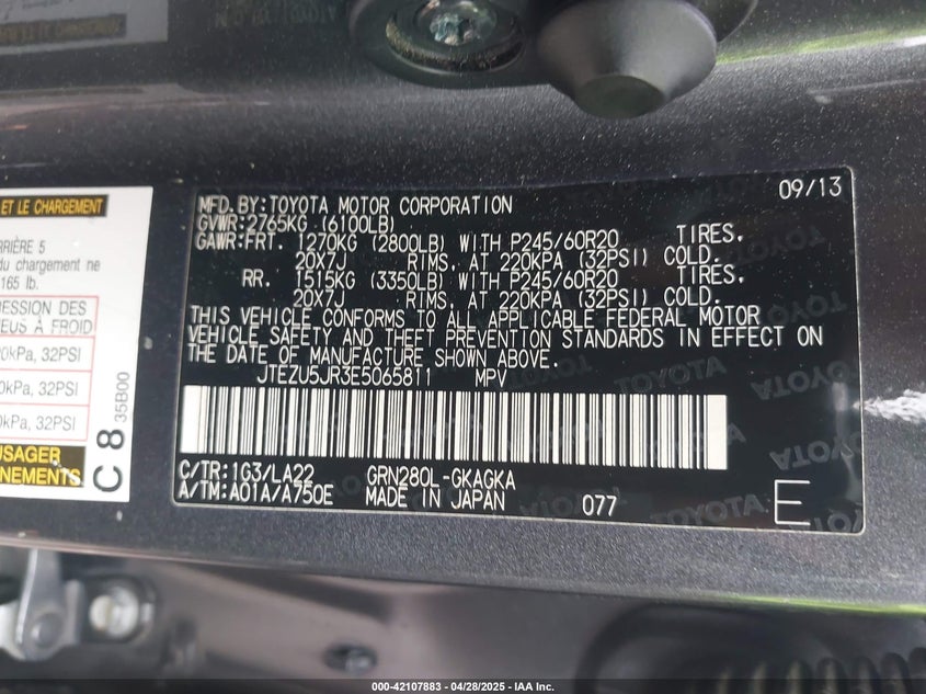 2014 TOYOTA 4RUNNER VIN: JTEZU5JR3E5065811