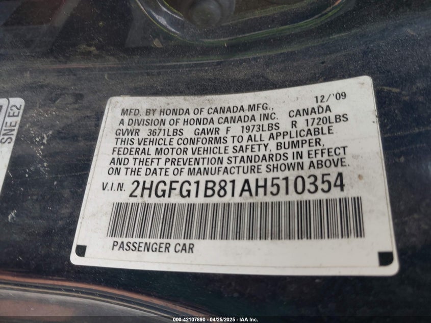 2010 HONDA CIVIC VIN: 2HGFG1B81AH510354