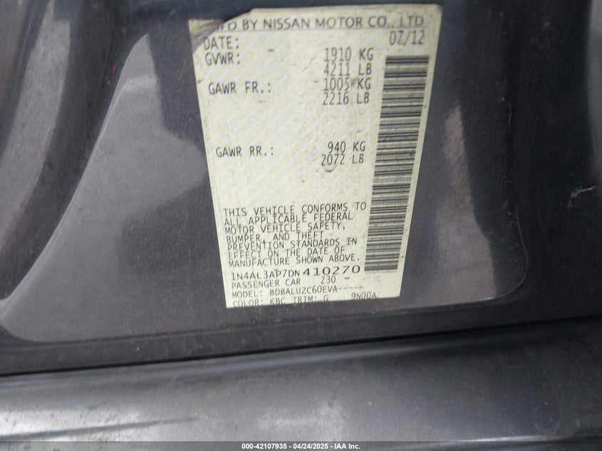 2013 NISSAN ALTIMA VIN: 1N4AL3AP7DN410270