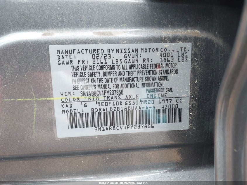 2023 NISSAN SENTRA VIN: 3N1AB8CV4PY237856