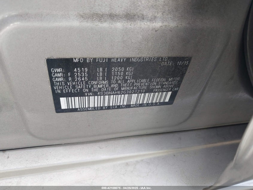 2016 SUBARU LEGACY VIN: 4S3BNAH62G3021210