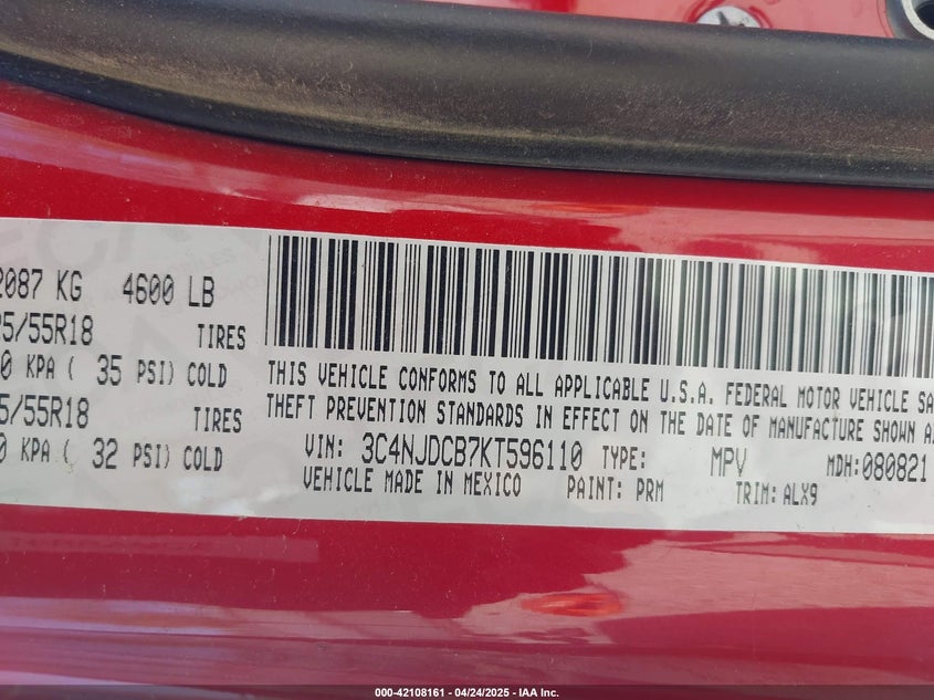 2019 Jeep Compass Limited 4X4 VIN: 3C4NJDCB7KT596110 Lot: 42108161