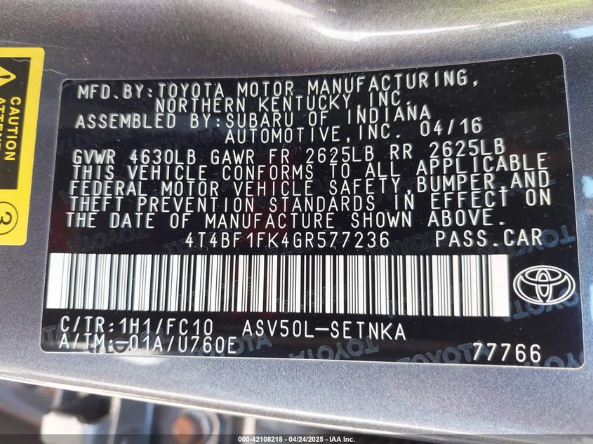 2016 TOYOTA CAMRY VIN: 4T4BF1FK4GR577236