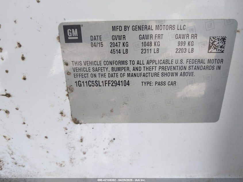 2015 CHEVROLET MALIBU VIN: 1G11C5SL1FF294104