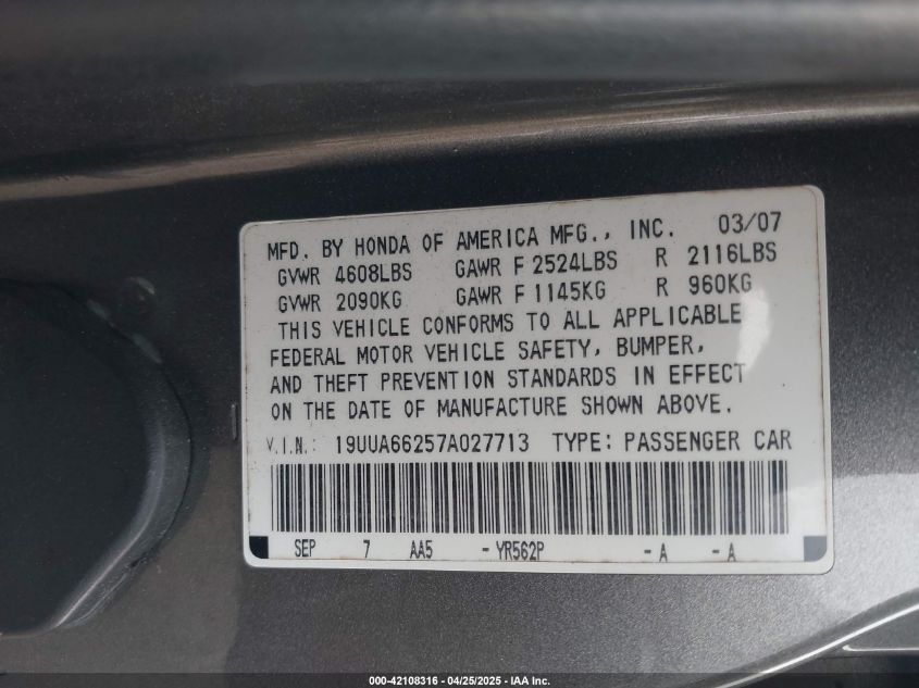2007 Acura Tl 3.2 VIN: 19UUA66257A027713 Lot: 42108316