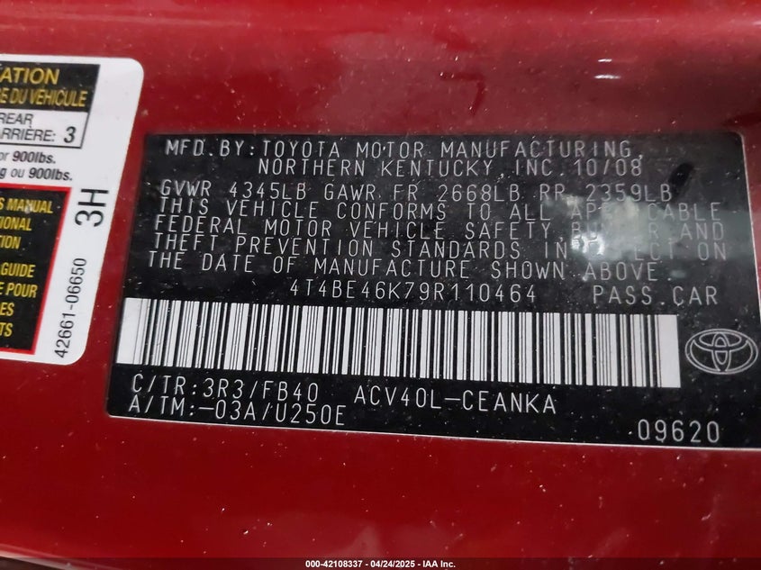 2009 TOYOTA CAMRY VIN: 4T4BE46K79R110464