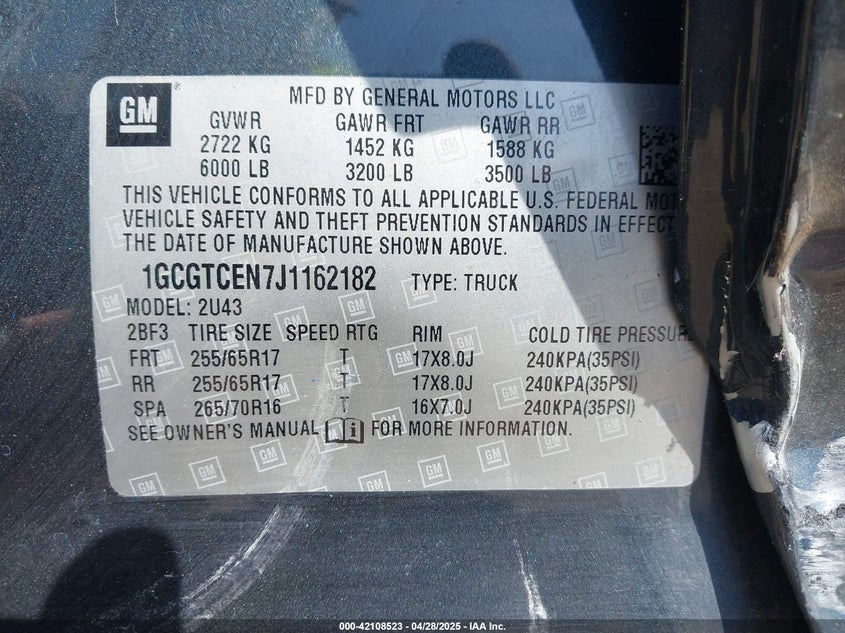 VIN 1GCGTCEN7J1162182 2018 CHEVROLET COLORADO LT