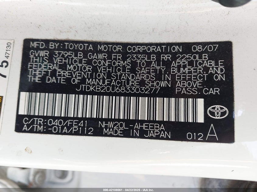 2008 TOYOTA PRIUS VIN: JTDKB20U683303277