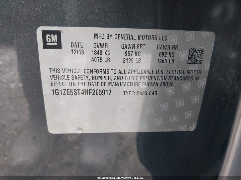 2017 CHEVROLET MALIBU VIN: 1G1ZE5ST4HF205917
