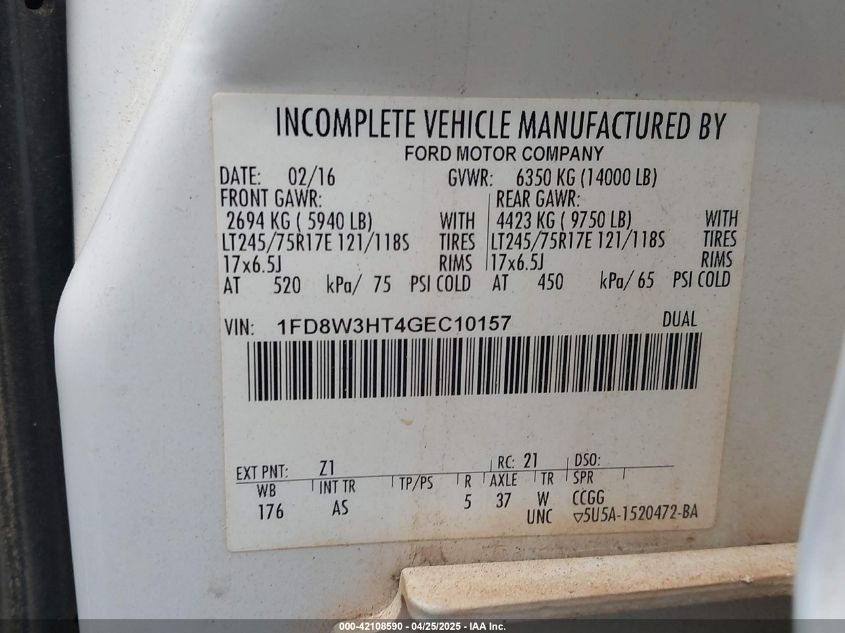 2016 Ford F-350 Chassis Xl VIN: 1FD8W3HT4GEC10157 Lot: 42108590