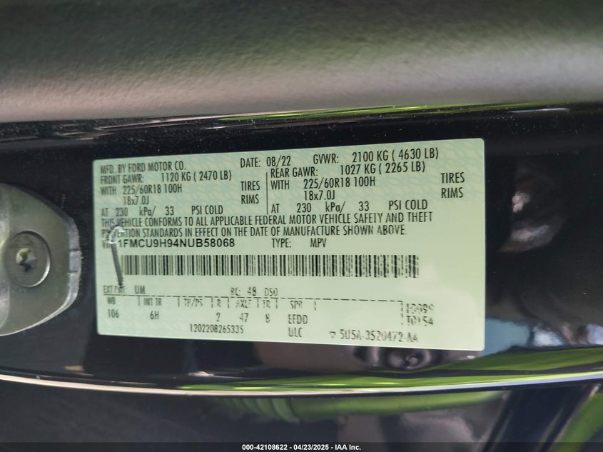 2022 FORD ESCAPE VIN: 1FMCU9H94NUB58068