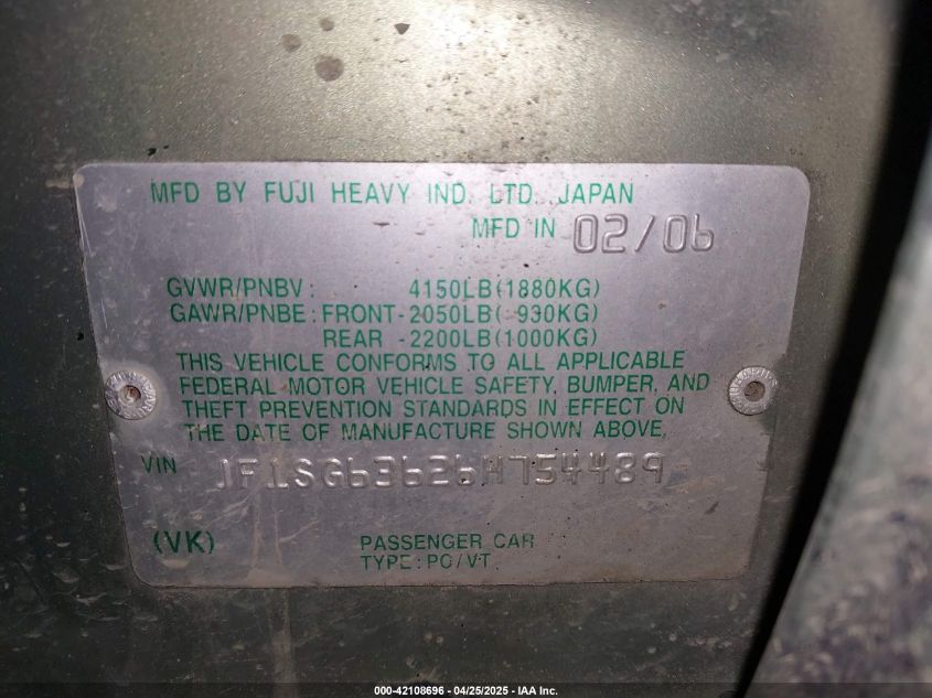 2006 Subaru Forester 2.5X VIN: JF1SG63626H754489 Lot: 42108696