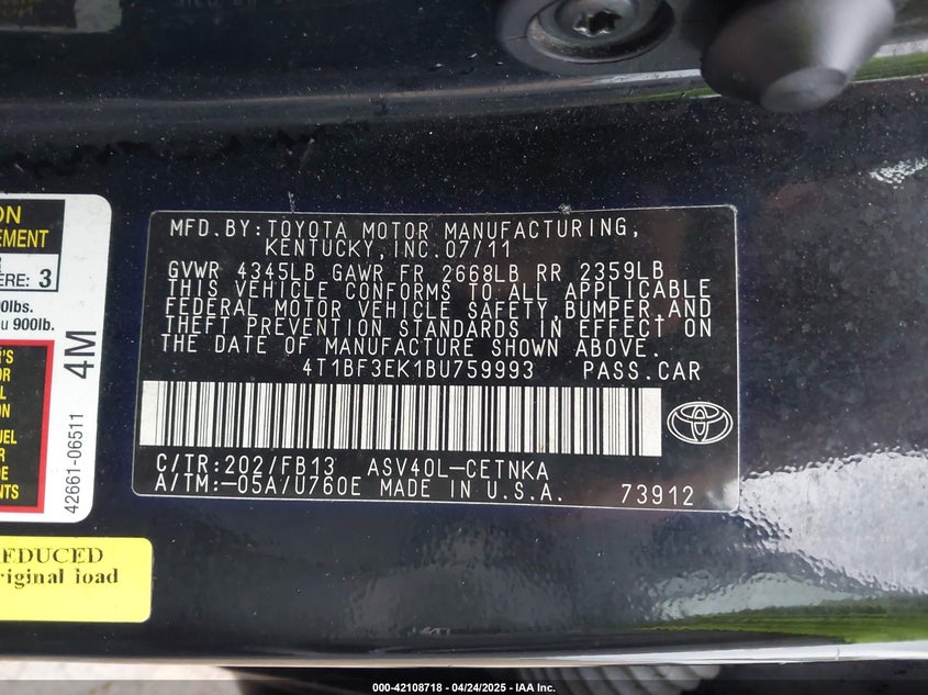 2011 TOYOTA CAMRY VIN: 4T1BF3EK1BU759993