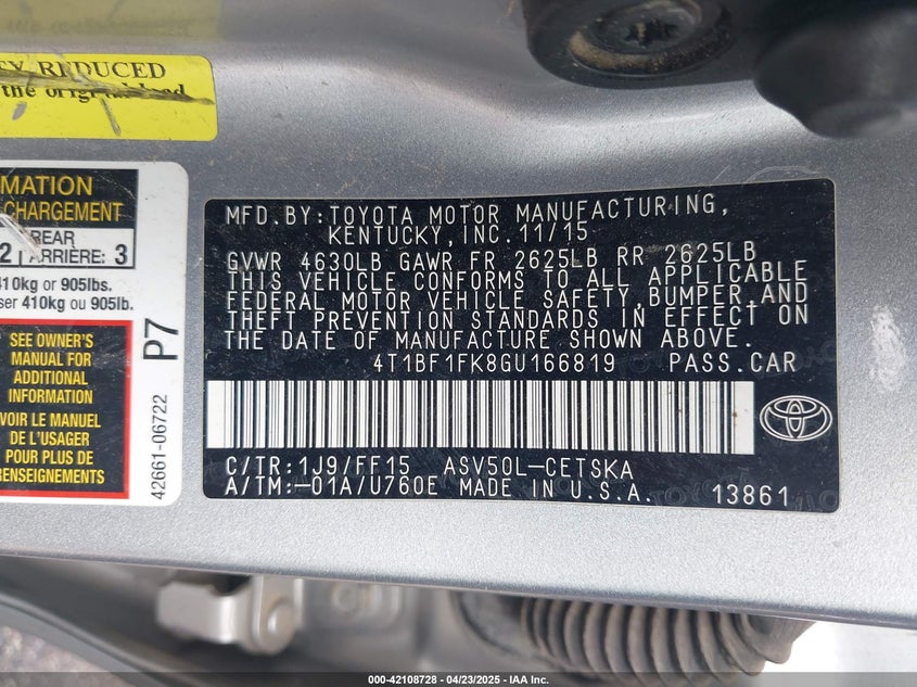 2016 TOYOTA CAMRY VIN: 4T1BF1FK8GU166819