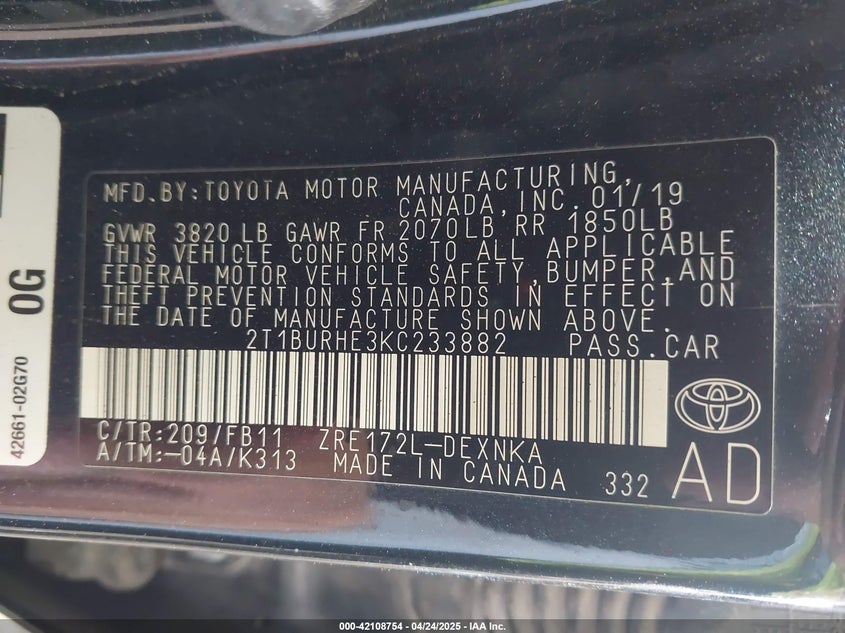 2019 TOYOTA COROLLA VIN: 2T1BURHE3KC233882