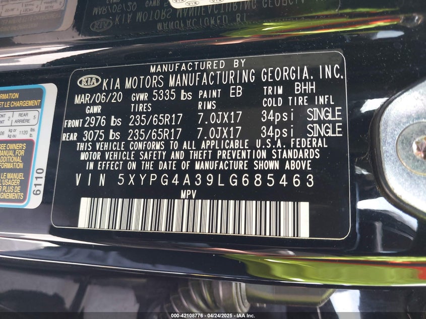 2020 KIA SORENTO VIN: 5XYPG4A39LG685463
