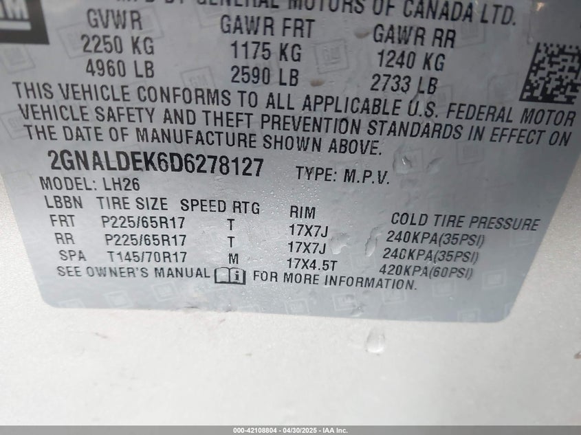 2013 CHEVROLET EQUINOX VIN: 2GNALDEK6D6278127