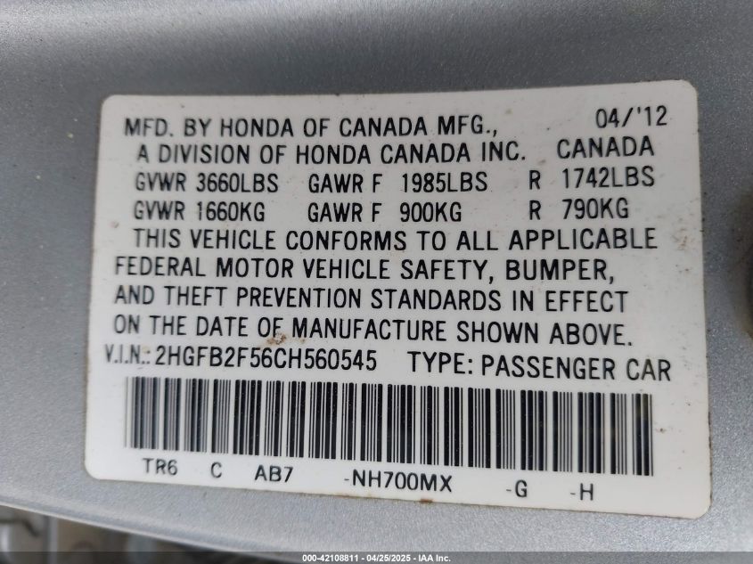 2012 Honda Civic Lx VIN: 2HGFB2F56CH560545 Lot: 42108811