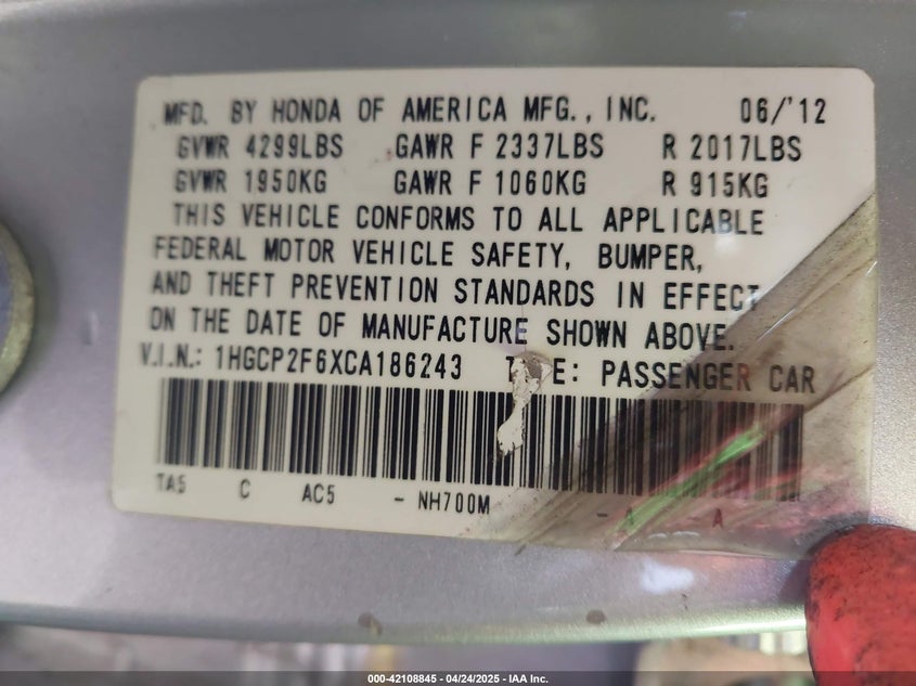 2012 HONDA ACCORD SDN VIN: 1HGCP2F6XCA186243