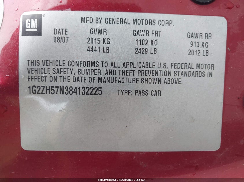 2008 PONTIAC G6 VIN: 1G2ZH57N384132225
