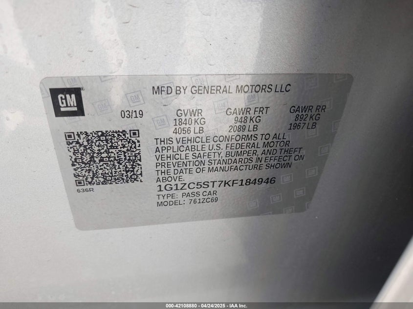 2019 CHEVROLET MALIBU VIN: 1G1ZC5ST7KF184946
