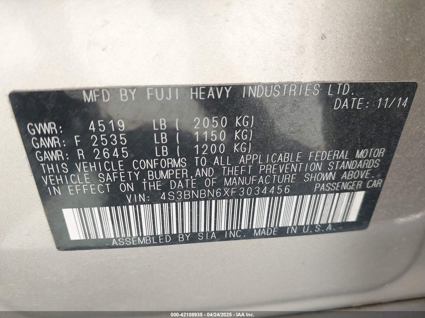 2015 SUBARU LEGACY VIN: 4S3BNBN6XF3034456