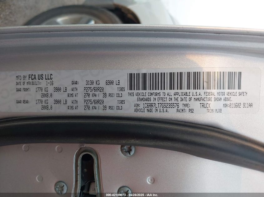 2016 Ram 1500 Slt VIN: 1C6RR7LT7G5235576 Lot: 42109073