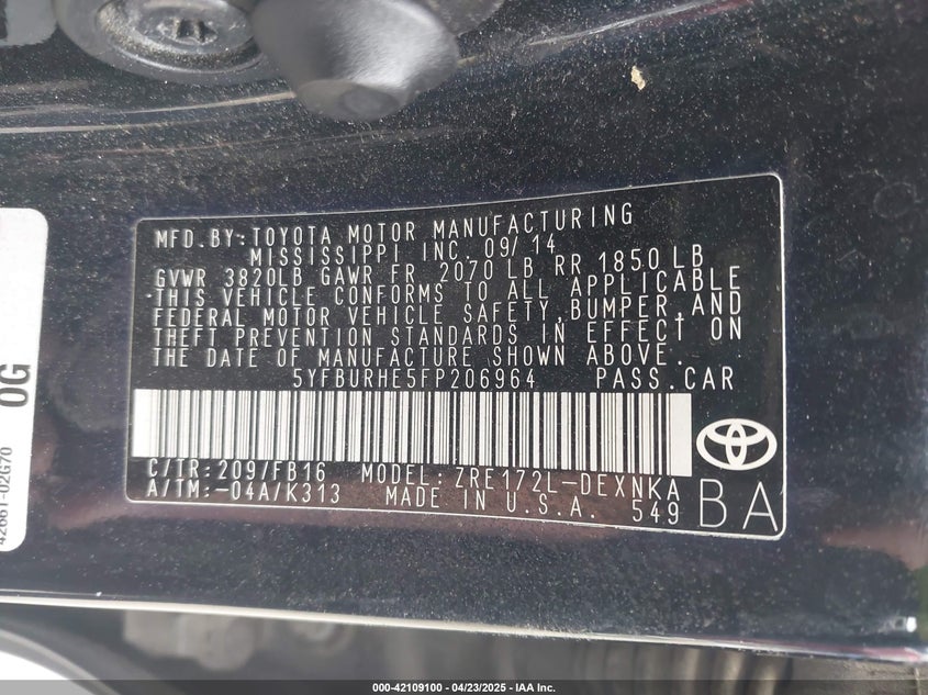 2015 TOYOTA COROLLA VIN: 5YFBURHE5FP206964