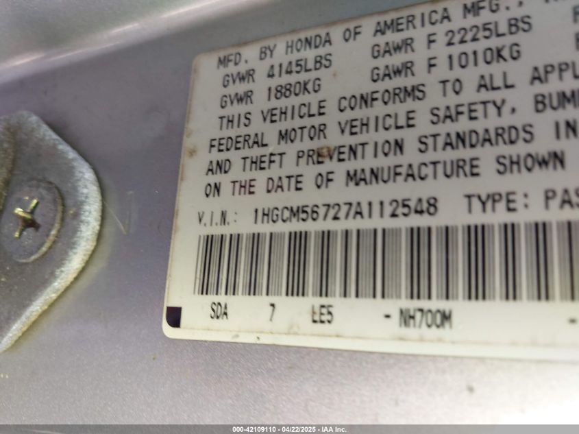 2007 Honda Accord 2.4 Ex VIN: 1HGCM56727A112548 Lot: 42109110