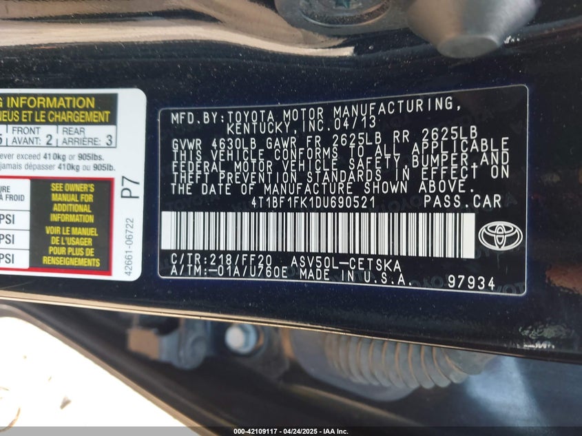 2013 TOYOTA CAMRY VIN: 4T1BF1FK1DU690521