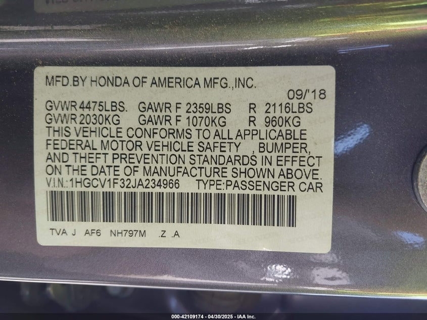 2018 HONDA ACCORD VIN: 1HGCV1F32JA234966