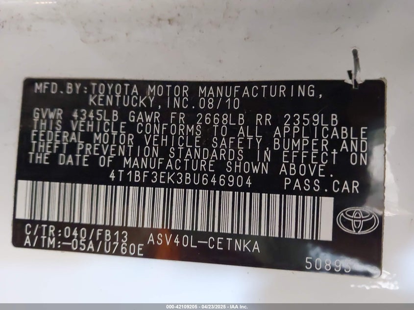 2011 TOYOTA CAMRY VIN: 4T1BF3EK3BU646904